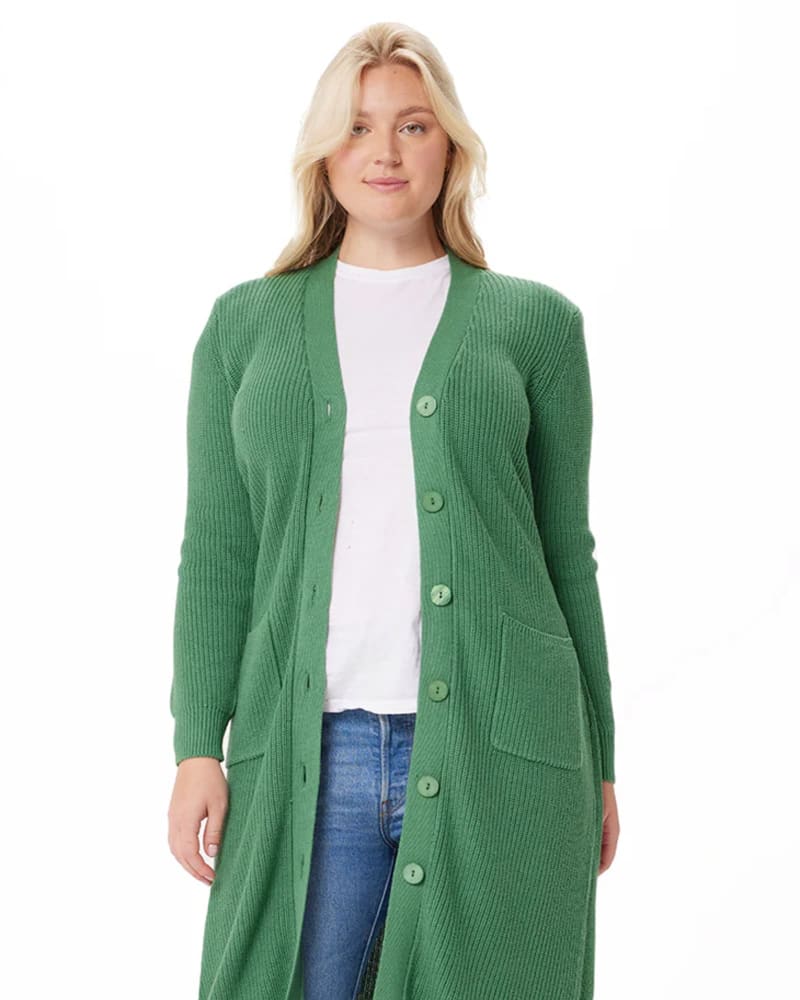 Front of a model wearing a size 2X Cotton Cashmere Belted Long Cardigan in Golf Green by Minnie Rose. | dia_product_style_image_id:302668